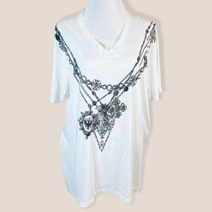 Vintage Guess Womens Skull Bling Print V-Neck White T Shirt Size XL 90's Y2K